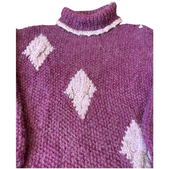 Vintage Handmade Purple & Pink Diamond Knit Turtleneck Sweater Size Large - Picture 7 of 15